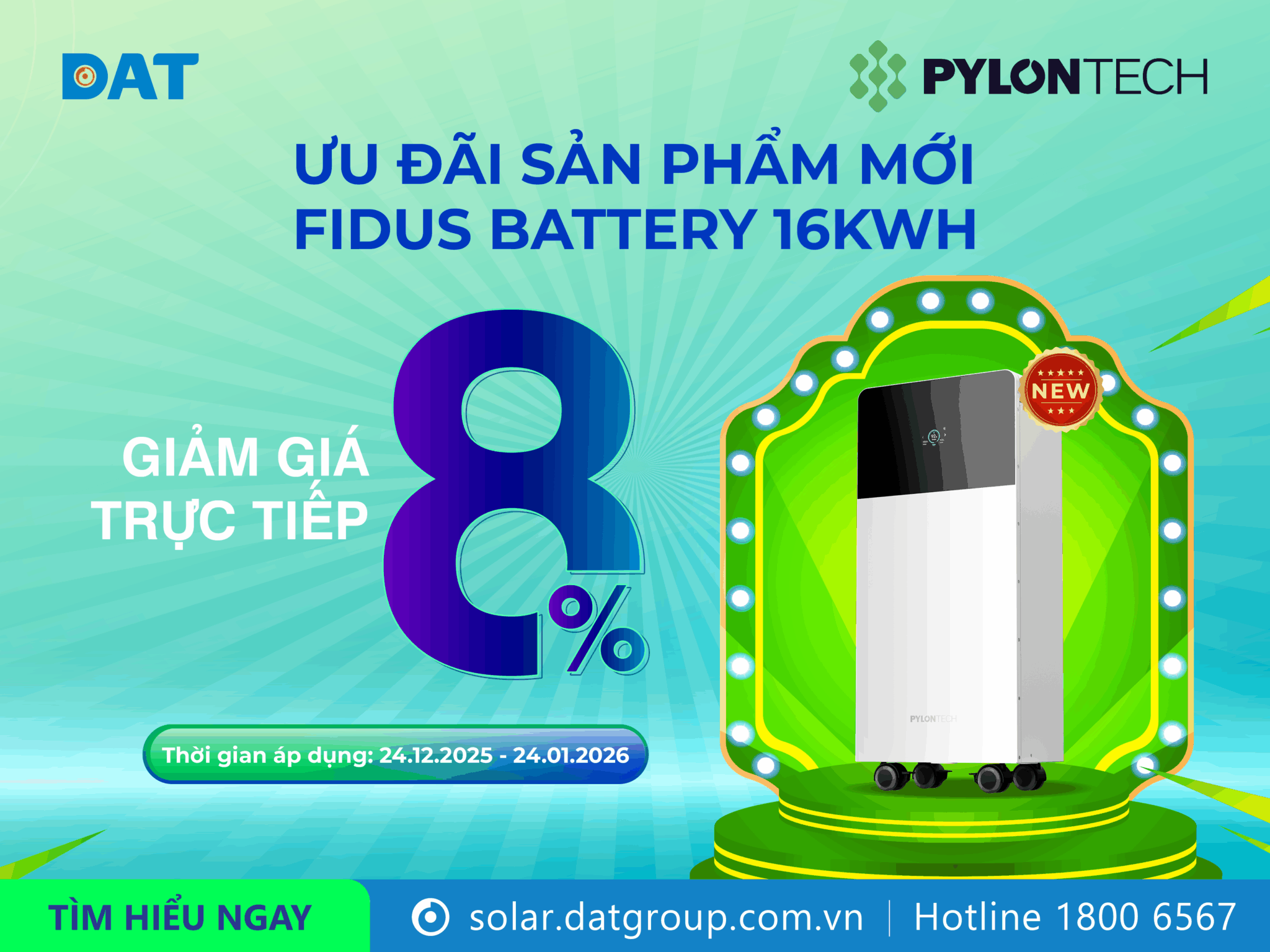 DAT Group ưu đãi 8% dành riêng cho Pin lưu trữ điện Pylontech Fidus Plus 16kWh