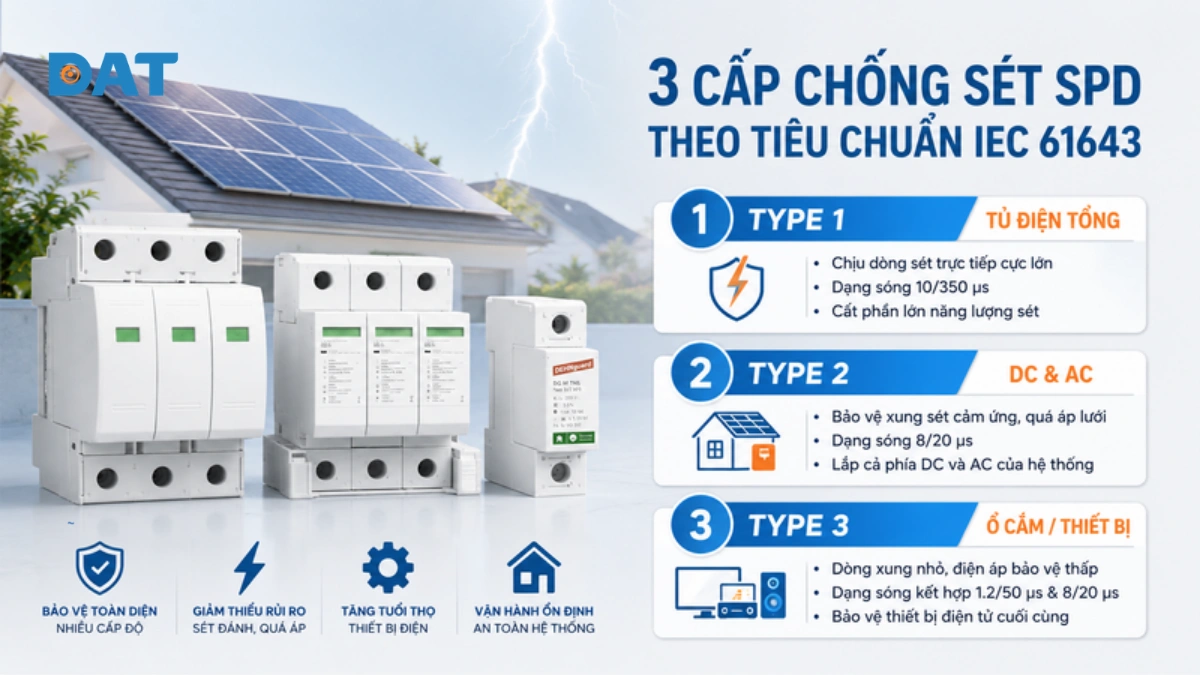 3 cấp thiết bị chống sét SPD theo tiêu chuẩn quốc tế IEC 61643.webp