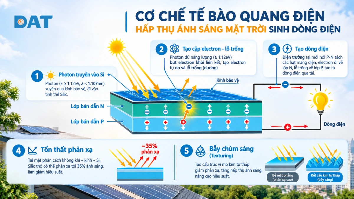 Cơ chế tế bào quang điện hấp thụ chùm sáng mặt trời sinh dòng điện.webp