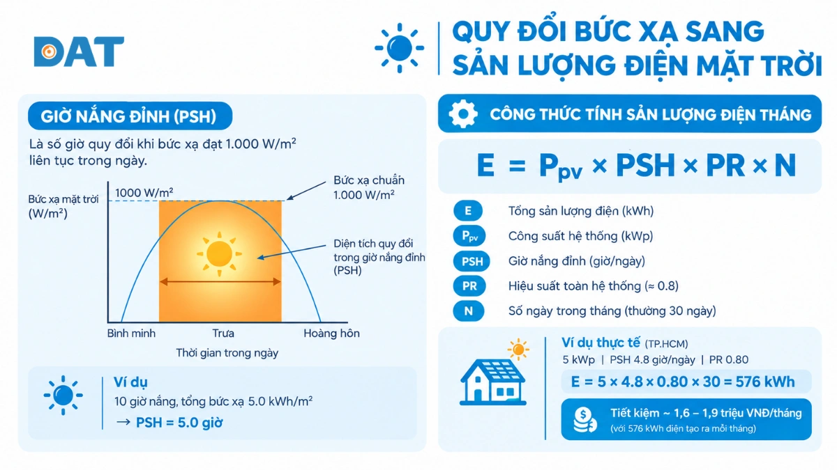 Phương pháp quy đổi bức xạ sang sản lượng điện mặt trời .webp